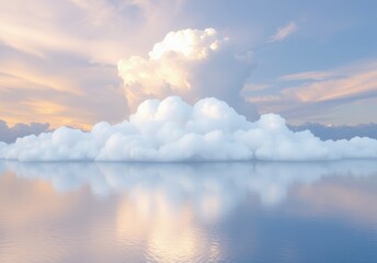 Obraz premium A large cloud over a reflective surface symbolizes the hybrid cloud concept, blending public and private cloud environments.