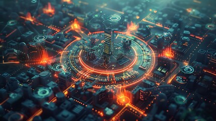 Obraz premium A bird’s-eye view of a smart city with interconnected energy systems, smart traffic lights, and AI security drones patrolling the skies, all connected through a digital network.