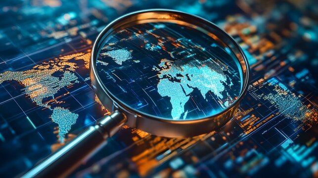A magnifying glass focuses on a world map, highlighting global data analysis and research.