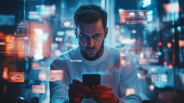 Portrait of Caucasian Man Using Smartphone in Metaverse With Animated Stream Of Interfaces With Social Media, e-Commerce Shopping, Internet Influencers And Games. Visualization Of Web Network.