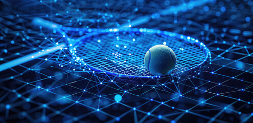 High-tech tennis racket and ball surrounded by a digital network matrix with blue neon lights....