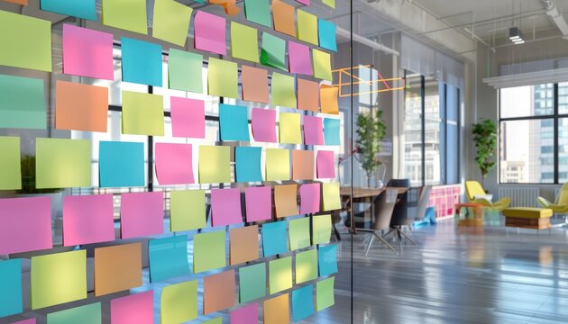 Conference room with laptops, tablets, coffee mugs, and whiteboards filled with brainstorming notes. - Powered by Adobe