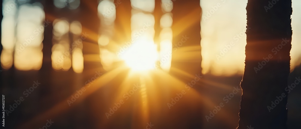 Aufkleber a beautiful sunset through trees, casting soft rays of light, creating a serene and tranquil atmosph