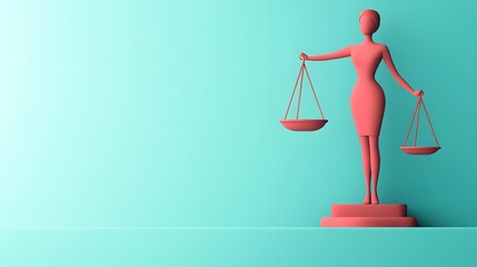 A pink statue of a woman holding scales of justice against a turquoise background.