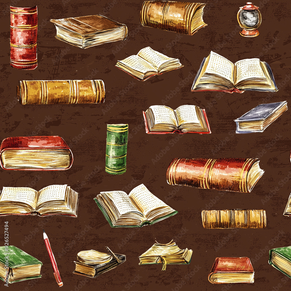 Poster seamless pattern antique books and scrolls pattern on brown background