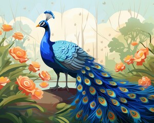 Fototapeta premium A peacock displaying its feathers proudly flat design top view tropical theme cartoon drawing vivid
