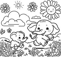 A Cute little elephant coloring page on Run in a field.