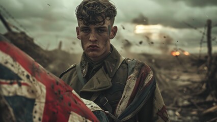 British World War II Hero in Authentic Uniform Proudly Standing with the British Flag Draped Around Him