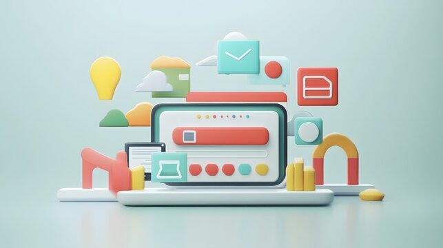 Colorful 3D illustration of a tablet computer with icons representing online marketing, social media, and e-commerce. - Powered by Adobe