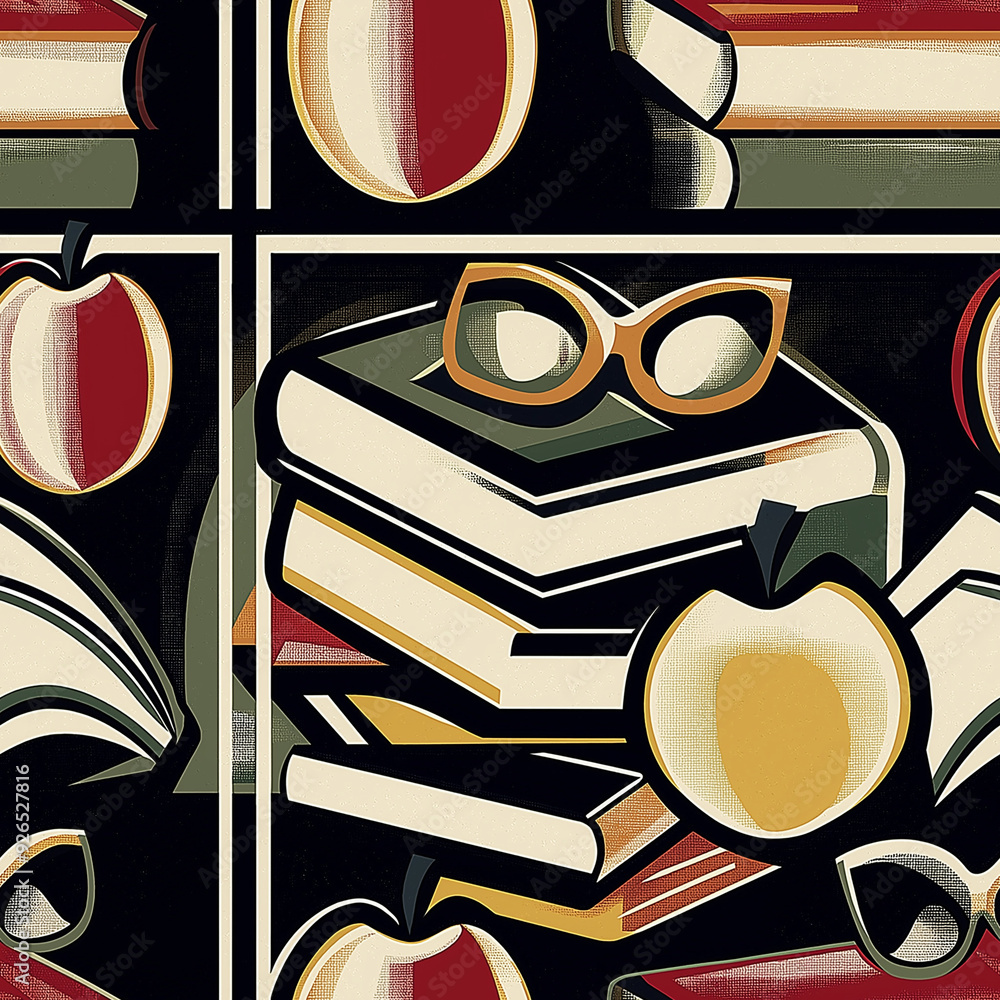 Poster seamless pattern retro book stack and apples pattern on dark background