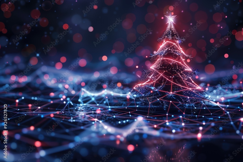 Poster illuminated christmas tree with digital neon lights and abstract bokeh background. concepts of holid