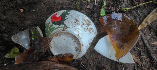 Broken bowl on the ground.