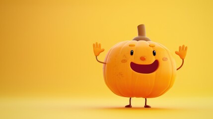 A funny cartoon pumpkin character, waving and smiling.