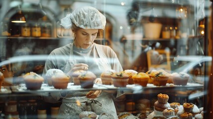 A baker focuses on decorating delicious pastries in a quaint bakery, surrounded by a variety of fresh baked goods.