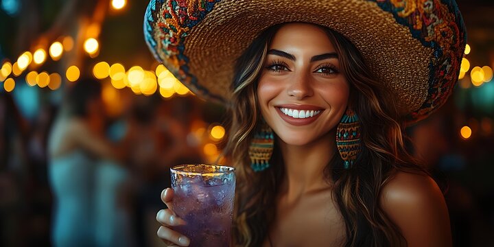 A woman in a colorful sombrero smiles brightly while holding a refreshing cocktail, with a lively, festive atmosphere and bokeh lights in the background ideal for promoting celebrations
