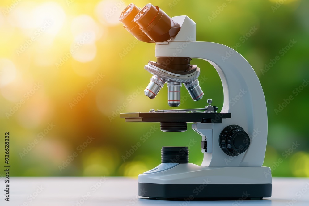 Poster a close-up view of a microscope with a blurred nature background, representing science and research 