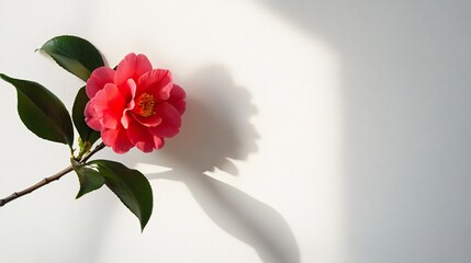 A vibrant camellia blossom against a stark white wall, capturing the contrast between nature and minimalism.