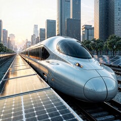 Solar Train.  High-speed train with solar panels on platform, cityscape at sunset.