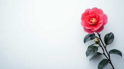 A vibrant camellia blossom against a stark white wall, capturing the contrast between nature and minimalism.