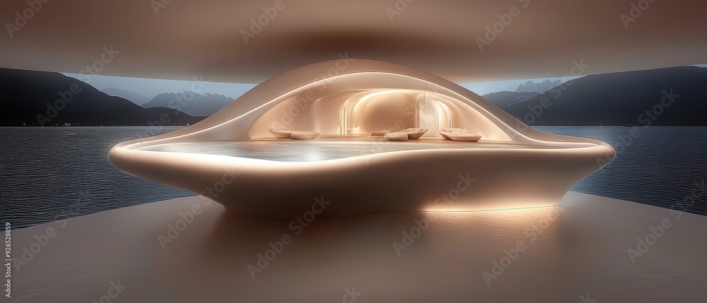 Poster a futuristic and artistic structure floating on serene waters, illuminated with soft lighting, embod
