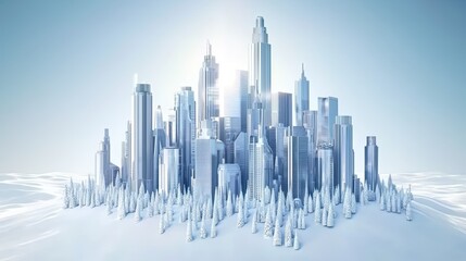 A futuristic cityscape set in a winter landscape, featuring tall buildings surrounded by shimmering snow and glowing sunlight.