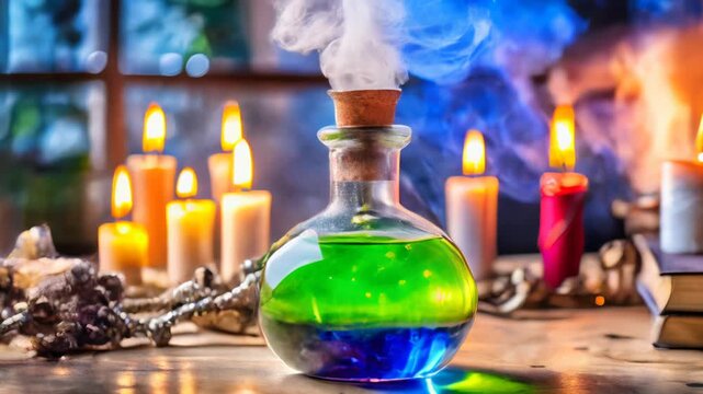 Steaming potion bottle on a wooden table with lit candles in the background, creating a magical and mysterious atmosphere. Ideal for Halloween, fantasy, and witchcraft-themed concepts