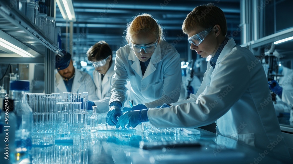 Poster Scientists are deeply focused as they conduct experiments and analyze samples in a cutting-edge laboratory illuminated by blue lighting