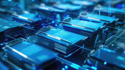 Stacks of transparent blue computer screens with data on a reflective surface in a futuristic setting. Concepts of technology, data processing, digital innovation, and advanced computing.