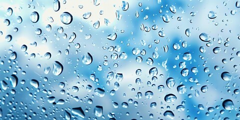 A close-up of raindrops on the glass, with a blue sky and white clouds in the background. 