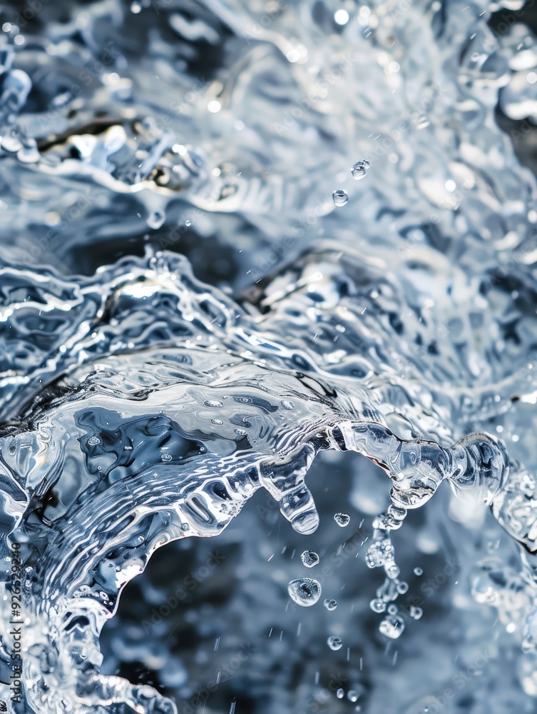 Poster close-up of splashing water with clear droplets in mid-air, showcasing patterns and movements.