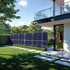 Residential Solar Panels. A modern home features sleek solar panels in the garden, surrounded by lush greenery and bright blue skies, promoting sustainable energy use.