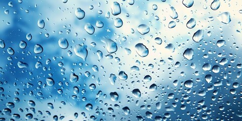 A close-up of raindrops on the glass, with a blue sky and white clouds in the background. 