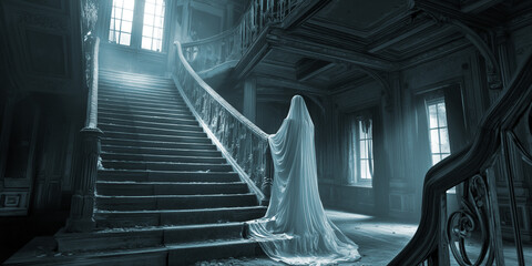 Victorian-era ghost in a flowing white dress, standing at the top of a grand staircase in a decaying, haunted house.