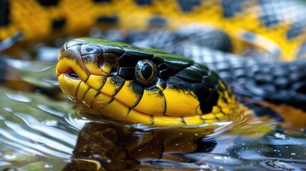 Fototapeta premium Vibrant Yellow and Black Snake Gracefully Gliding Through Water, Showcasing Stunning Detail and Natural Beauty