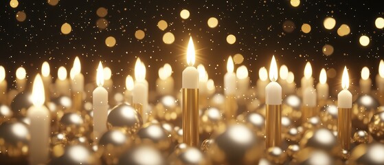 A mesmerizing display of golden candles amidst shimmering decorations, creating a warm and inviting ambiance for celebrations.
