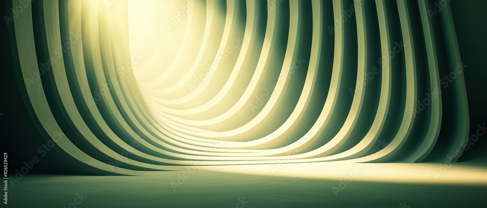 Poster a mesmerizing interior with flowing curves illuminated by soft light, creating a tranquil and futuri
