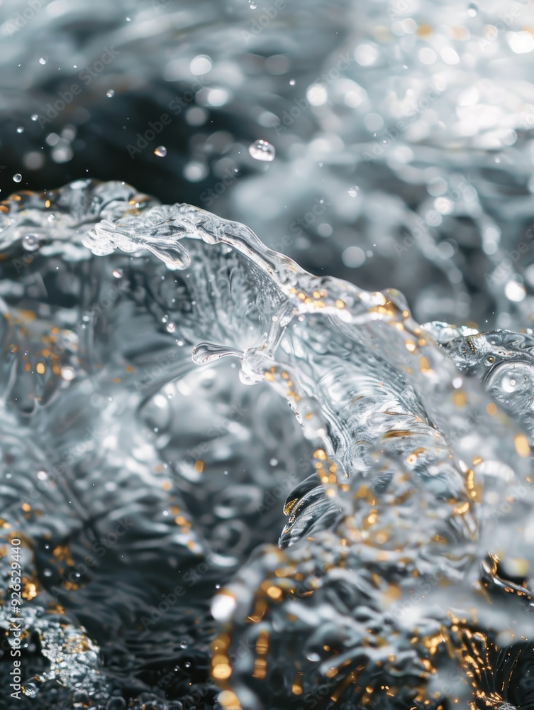 Poster dynamic close-up of splashing water with a mix of silver and golden tones in motion, capturing the e