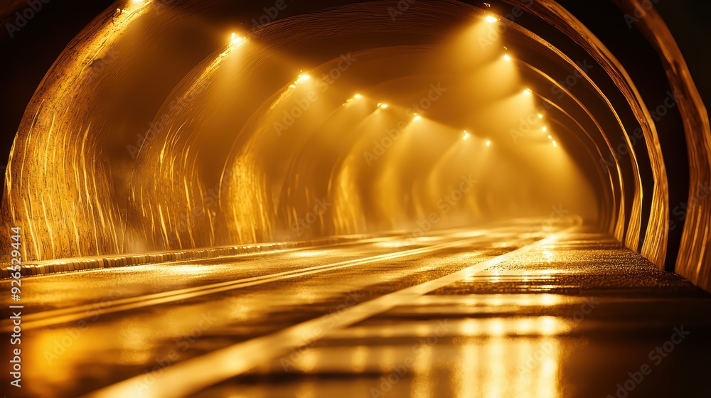 Poster a mesmerizing view of a lit tunnel with wet pavement reflecting golden light, creating an atmospheri