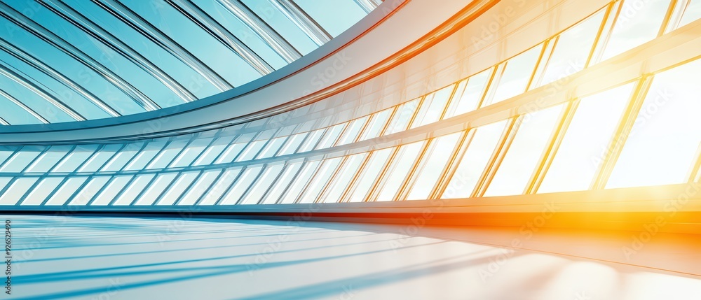 Poster a modern architectural interior featuring expansive glass windows and dynamic lines, creating an inv