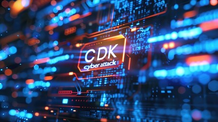 Close-up of a digital interface with highlighted "CDK" and "cyber attacks" in a futuristic design. Concepts of cybersecurity, data protection, and technological threats.