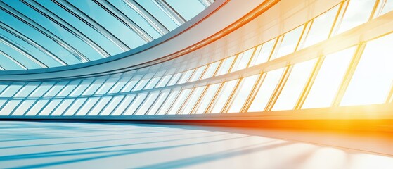 Obraz premium A modern architectural interior featuring expansive glass windows and dynamic lines, creating an inviting and bright atmosphere.