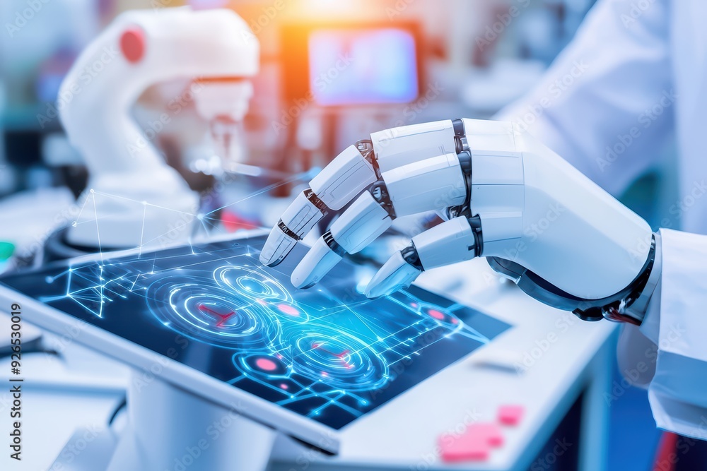 Poster a robotic hand interacts with a touchscreen interface, showcasing advanced technology and innovation
