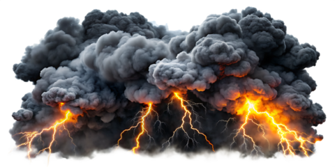 Black smoke storm clouds with fire and lightnings isolated on white background. AI GENERATED