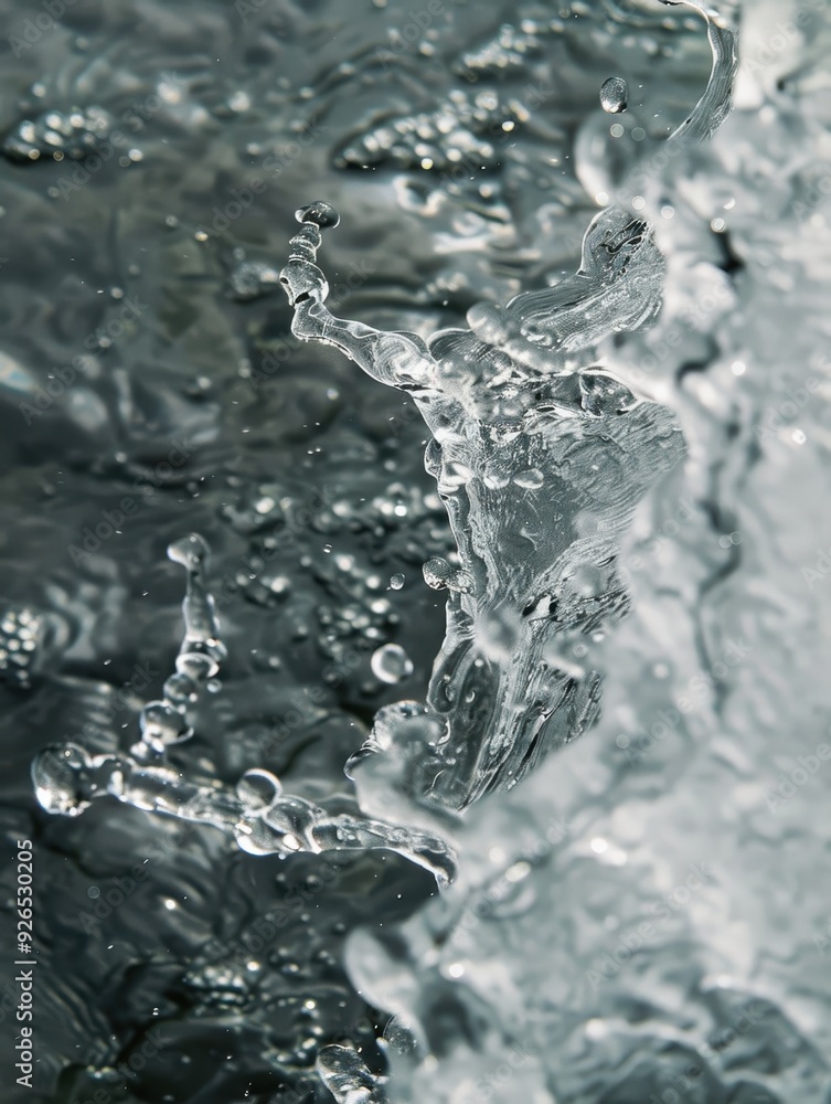 Poster close-up of water splashes creating intricate patterns and textures in motion.