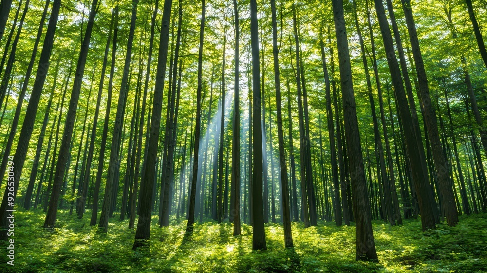 Aufkleber a serene forest scene with towering trees and sunlight streaming through the green canopy, creating 