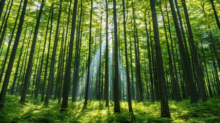 A serene forest scene with towering trees and sunlight streaming through the green canopy, creating a peaceful and natural atmosphere.