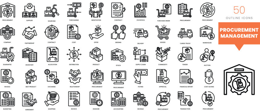 Set of minimalist linear procurement management icons. Vector illustration