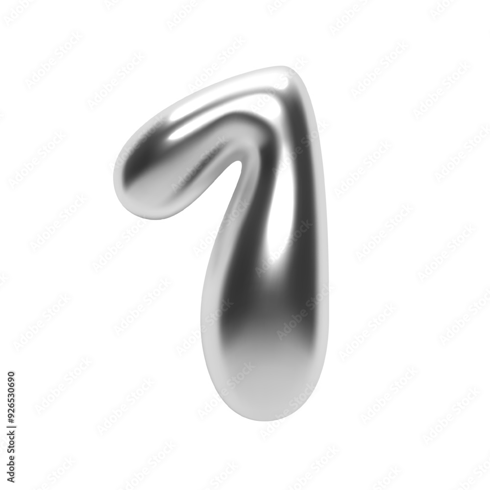 Poster 3d chrome number 1 in bubble y2k futuristic style. shiny silver glossy surface with inflated liquid 