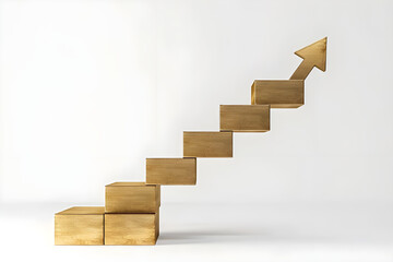 A series of golden blocks arranged as a staircase leading to an upward arrow, symbolizing progress, growth, and success on a white background.