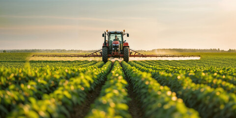 Fototapeta premium Tractor spraying pesticides on soybean field